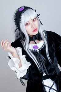 Rating: Safe Score: 0 Tags: 1girl bangs choker flower frills gothic_lolita hairband lips lolita_fashion long_hair long_sleeves looking_at_viewer red_eyes rose silver_hair simple_background solo suigintou User: admin