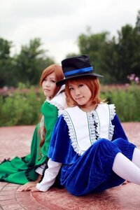 Rating: Safe Score: 0 Tags: 2girls blue_dress blurry blurry_background brown_hair depth_of_field dress hat long_sleeves multiple_cosplay multiple_girls outdoors realistic sitting tagme top_hat User: admin