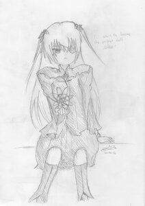 Rating: Safe Score: 0 Tags: 1girl barasuishou dated hair_ornament image jacket long_hair long_sleeves looking_at_viewer monochrome sketch skirt solo standing thighhighs traditional_media very_long_hair User: admin