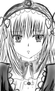 Rating: Safe Score: 0 Tags: 1girl blush bow detached_collar eyebrows_visible_through_hair greyscale hairband image lolita_hairband looking_at_viewer monochrome simple_background solo suigintou upper_body white_background User: admin