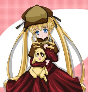 Rating: Safe Score: 0 Tags: 1girl blonde_hair blue_eyes blush dress hair_ribbon hat image long_hair long_sleeves red_dress ribbon shinku solo twintails User: admin