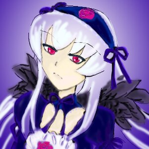 Rating: Safe Score: 0 Tags: 1girl black_wings blurry bow closed_mouth detached_collar dress flower frills hat image long_hair long_sleeves looking_at_viewer puffy_sleeves purple_background ribbon rose silver_hair solo suigintou upper_body wings User: admin