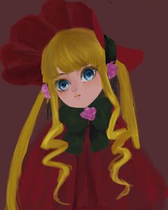 Rating: Safe Score: 0 Tags: 1girl bangs blonde_hair blue_eyes bonnet bow brown_background closed_mouth dress drill_hair expressionless hat head_tilt image long_hair long_sleeves looking_at_viewer red_dress red_headwear shinku sidelocks signature simple_background solo twin_drills twintails upper_body User: admin