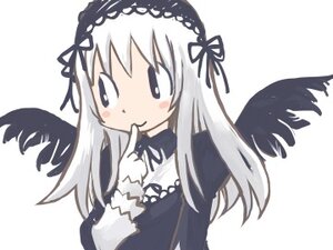 Rating: Safe Score: 0 Tags: 1girl black_dress black_ribbon black_wings blush dress feathered_wings feathers finger_to_mouth hairband image index_finger_raised long_hair long_sleeves ribbon silver_hair simple_background solo suigintou upper_body white_background wings User: admin