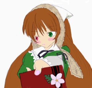 Rating: Safe Score: 0 Tags: 1girl blush box brown_hair dress foreshortening gift giving green_dress green_eyes head_scarf heterochromia holding holding_gift image incoming_gift long_hair long_sleeves red_eyes simple_background solo suiseiseki User: admin