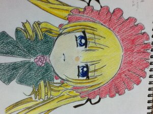 Rating: Safe Score: 0 Tags: 1girl blonde_hair blue_eyes bonnet bowtie closed_mouth drill_hair eyebrows_visible_through_hair flower grey_background image long_hair looking_at_viewer marker_(medium) pink_flower portrait rose shinku simple_background solo traditional_media twin_drills twintails white_background User: admin
