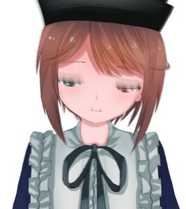 Rating: Safe Score: 0 Tags: 1girl apron black_headwear blurry blush brown_hair closed_mouth dress eyebrows_visible_through_hair frills green_eyes hat image ribbon short_hair simple_background solo souseiseki upper_body white_background User: admin