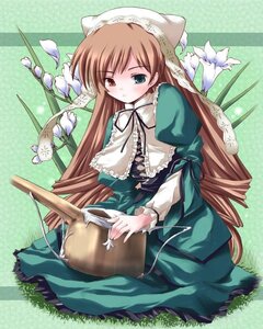 Rating: Safe Score: 0 Tags: 1girl brown_hair dress flower frills green_background green_dress green_eyes heterochromia image long_hair long_sleeves sitting solo suiseiseki very_long_hair watering_can User: admin