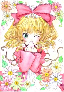 Rating: Safe Score: 0 Tags: 1girl blonde_hair bow daisy dress drill_hair flower green_eyes hair_bow hina_ichigo hinaichigo image lily_(flower) long_sleeves looking_at_viewer marker_(medium) object_namesake one_eye_closed pink_bow pink_dress pink_flower solo traditional_media User: admin