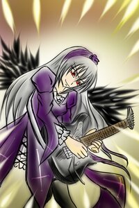 Rating: Safe Score: 0 Tags: 1girl dress electric_guitar guitar hat image instrument long_hair long_sleeves music playing_instrument puffy_sleeves red_eyes silver_hair solo suigintou very_long_hair User: admin