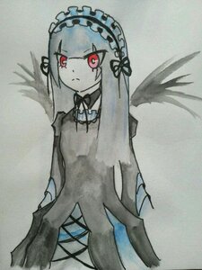 Rating: Safe Score: 0 Tags: 1girl bangs black_wings blunt_bangs closed_mouth dress expressionless feathered_wings frills hairband image lolita_fashion long_hair long_sleeves looking_at_viewer red_eyes ribbon solo suigintou traditional_media wings User: admin