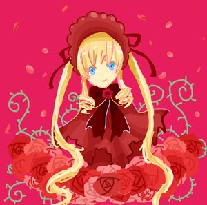 Rating: Safe Score: 0 Tags: 1girl blonde_hair blue_eyes bonnet bow bowtie dress drill_hair flower image long_hair long_sleeves looking_at_viewer petals pink_background pink_flower pink_rose red_capelet red_dress red_flower red_rose rose rose_petals shinku smile solo twintails white_rose User: admin