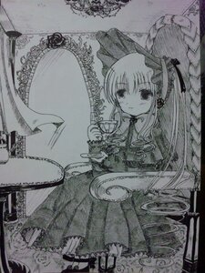 Rating: Safe Score: 0 Tags: 1girl chain dress greyscale image long_hair monochrome ribbon shinku smile solo traditional_media User: admin