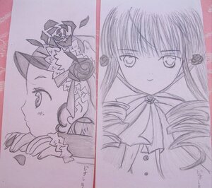 Rating: Safe Score: 0 Tags: 1girl blush closed_mouth drill_hair flower hair_ornament image kanaria long_hair monochrome pair petals photo profile ringlets rose shinku smile solo traditional_media twin_drills User: admin