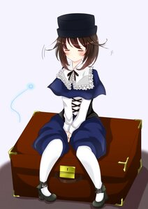 Rating: Safe Score: 0 Tags: 1girl between_legs blush brown_hair capelet closed_eyes dress hat image long_sleeves pantyhose shoes short_hair sitting skirt solo souseiseki striped v_arms white_legwear User: admin