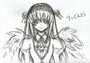 Rating: Safe Score: 0 Tags: 1girl detached_collar dress feathered_wings feathers frills greyscale hairband image long_hair long_sleeves looking_at_viewer monochrome ribbon simple_background solo suigintou upper_body white_background wings User: admin