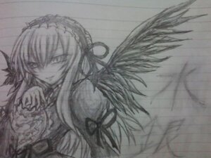 Rating: Safe Score: 0 Tags: 1girl black_wings dress feathered_wings feathers flower hairband image lolita_hairband long_hair long_sleeves looking_at_viewer monochrome ribbon rose simple_background solo suigintou traditional_media upper_body wings User: admin