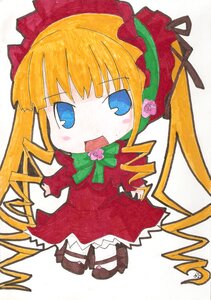 Rating: Safe Score: 0 Tags: 1girl blonde_hair blue_eyes bonnet bow bowtie chibi dress drill_hair flower full_body green_bow image long_hair long_sleeves looking_at_viewer marker_(medium) open_mouth red_dress shinku simple_background solo traditional_media twintails white_background User: admin