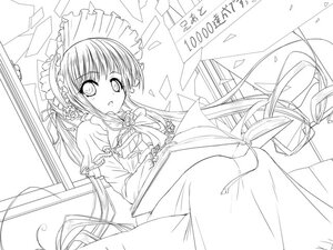 Rating: Safe Score: 0 Tags: 1girl blush bonnet bow bowtie dress flower frills greyscale image in_box in_container lineart long_hair long_sleeves looking_at_viewer monochrome shinku sitting solo twintails very_long_hair User: admin