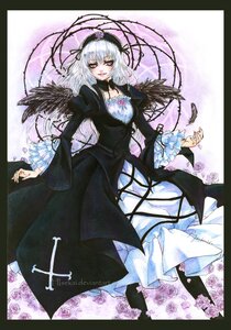 Rating: Safe Score: 0 Tags: 1girl artist_name bangs black_wings boots breasts collarbone commentary_request crayon_(medium) cross cross-laced_clothes dress feathers flower frills gothic_lolita hairband highres hisekai image lolita_fashion lolita_hairband long_hair long_sleeves looking_at_viewer marker_(medium) medium_breasts pink_eyes plant puffy_sleeves purple_flower purple_rose red_eyes ribbon rose rozen_maiden signature silver_hair smile solo suigintou traditional_media vines watermark wings User: admin