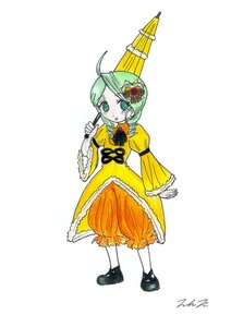 Rating: Safe Score: 0 Tags: 1girl ahoge bloomers dress full_body green_eyes green_hair hair_ornament hat image kanaria long_sleeves personification shoes signature solo standing striped umbrella white_background yellow_dress User: admin