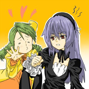Rating: Safe Score: 0 Tags: 1boy 1girl closed_eyes dress frills green_hair hairband heart image kanaria long_hair long_sleeves pair simple_background suigintou sweatdrop upper_body yellow_background User: admin