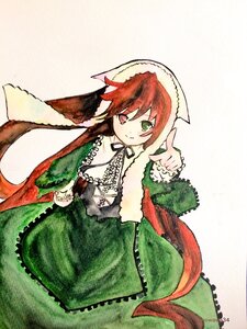 Rating: Safe Score: 0 Tags: 1girl brown_hair closed_mouth corset dress frills green_dress green_eyes head_scarf heterochromia image long_hair long_sleeves looking_at_viewer red_eyes smile solo suiseiseki very_long_hair User: admin
