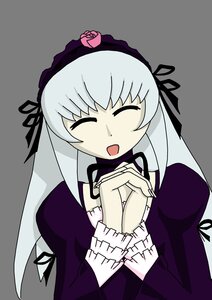 Rating: Safe Score: 0 Tags: 1girl blush closed_eyes dress frilled_sleeves frills hairband hands_clasped hands_together image juliet_sleeves long_hair long_sleeves open_mouth own_hands_together silver_hair simple_background smile solo suigintou upper_body User: admin