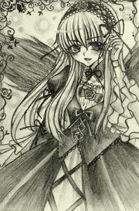 Rating: Safe Score: 0 Tags: 1girl blush bow dress frills greyscale hairband image long_hair long_sleeves looking_at_viewer monochrome open_mouth rose smile solo suigintou traditional_media very_long_hair User: admin