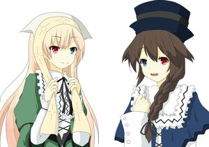 Rating: Safe Score: 0 Tags: 2girls blonde_hair blue_eyes braid brown_hair dress green_dress hat heterochromia image long_hair long_sleeves multiple_girls open_mouth pair red_eyes ribbon smile souseiseki suiseiseki top_hat User: admin