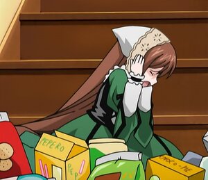 Rating: Safe Score: 0 Tags: 1girl apron blush box brown_hair cardboard_box closed_eyes dress food head_scarf image open_mouth solo suiseiseki User: admin