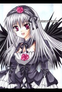 Rating: Safe Score: 0 Tags: 1girl :d black_wings detached_collar dress flower frills gothic_lolita hairband image letterboxed lolita_fashion long_hair long_sleeves looking_at_viewer marker_(medium) open_mouth pink_eyes ribbon rose silver_hair smile solo suigintou traditional_media wings User: admin