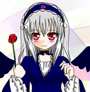 Rating: Safe Score: 0 Tags: 1girl bangs black_wings blue_dress blush choker detached_collar dress flower frilled_sleeves frills hairband image juliet_sleeves long_hair long_sleeves looking_at_viewer puffy_sleeves red_eyes red_flower red_rose rose silver_hair smile solo suigintou upper_body wings User: admin