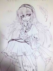 Rating: Safe Score: 0 Tags: 1girl dress feathered_wings feathers frills hairband image long_hair long_sleeves looking_at_viewer monochrome ribbon smile solo suigintou traditional_media wings User: admin