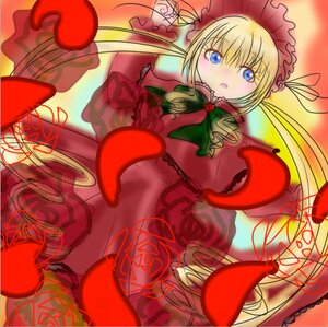 Rating: Questionable Score: 0 Tags: 1girl blonde_hair blue_eyes blush bonnet bow bowtie capelet dress flower green_bow image long_hair long_sleeves looking_at_viewer rose shinku signature solo twintails User: admin