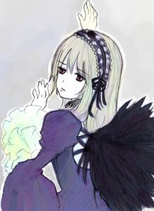 Rating: Safe Score: 0 Tags: 1girl black_dress black_wings blonde_hair dress feathered_wings flower frilled_sleeves frills hairband image long_hair long_sleeves looking_at_viewer looking_back pale_skin red_eyes rose simple_background solo suigintou upper_body wings User: admin