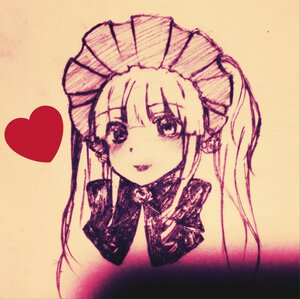 Rating: Safe Score: 0 Tags: 1girl bangs bow eyebrows_visible_through_hair hat heart image long_hair looking_at_viewer monochrome shinku smile solo traditional_media User: admin