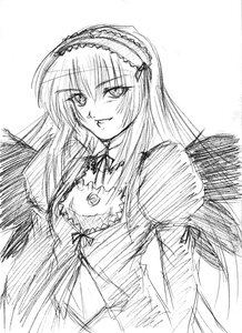 Rating: Safe Score: 0 Tags: 1girl blush detached_collar dress frills greyscale hairband image long_hair long_sleeves looking_at_viewer monochrome simple_background smile solo suigintou traditional_media upper_body white_background wings User: admin