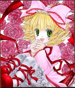 Rating: Safe Score: 0 Tags: 1girl blonde_hair bow drill_hair flower frills green_eyes hina_ichigo hinaichigo image long_sleeves marker_(medium) open_mouth pantyhose pink_bow pink_flower pink_rose red_flower red_rose ribbon rose shikishi short_hair smile solo traditional_media white_legwear User: admin