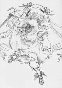 Rating: Safe Score: 0 Tags: 1girl bloomers dress frills full_body greyscale hat image looking_at_viewer monochrome shinku shoes solo traditional_media underwear User: admin