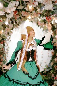 Rating: Safe Score: 0 Tags: 1girl blonde_hair blurry blurry_background blurry_foreground depth_of_field dress flower green_dress hood long_sleeves motion_blur solo suiseiseki veil User: admin