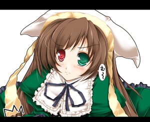 Rating: Safe Score: 0 Tags: 1girl blush brown_hair collar dress frills green_dress green_eyes hat head_scarf heterochromia image letterboxed long_hair long_sleeves looking_at_viewer red_eyes ribbon simple_background solo suiseiseki very_long_hair white_background User: admin