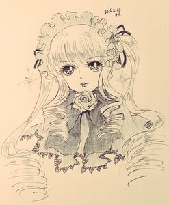 Rating: Safe Score: 0 Tags: 1girl drill_hair flower image long_hair looking_at_viewer monochrome parted_lips photo ringlets rose shinku simple_background solo traditional_media twin_drills upper_body User: admin