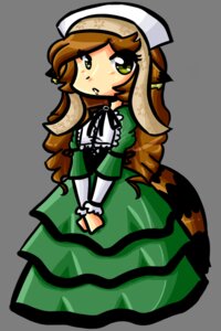 Rating: Safe Score: 0 Tags: 1girl brown_hair dress frills full_body green_dress green_eyes hat image long_hair long_sleeves solo standing suiseiseki transparent_background v_arms very_long_hair User: admin