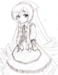 Rating: Safe Score: 0 Tags: 1girl blush dress frills gothic_lolita greyscale image lolita_fashion long_hair long_sleeves looking_at_viewer monochrome ribbon solo suiseiseki very_long_hair white_background User: admin