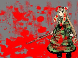 Rating: Safe Score: 0 Tags: 1girl blonde_hair blood blood_splatter bloody_clothes boots dress green_eyes gun heterochromia image long_hair red_background red_eyes rifle solo suiseiseki weapon User: admin