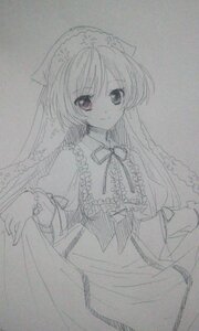 Rating: Safe Score: 0 Tags: 1girl capelet dress frills graphite_(medium) image long_hair long_sleeves looking_at_viewer monochrome smile solo suiseiseki traditional_media User: admin