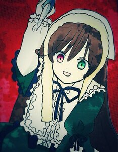 Rating: Safe Score: 0 Tags: 1girl :d bangs brown_hair dress frills green_dress green_eyes hat heterochromia image long_hair long_sleeves looking_at_viewer open_mouth red_background red_eyes ribbon simple_background smile solo suiseiseki upper_body User: admin