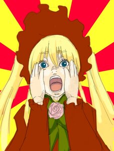 Rating: Safe Score: 0 Tags: 1girl bangs blonde_hair blue_eyes bonnet bow bowtie checkered checkered_background flower green_neckwear hands_on_own_cheeks hands_on_own_face image long_hair long_sleeves looking_at_viewer open_mouth pink_flower pink_rose rose shinku solo twintails yellow_background User: admin