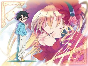 Rating: Safe Score: 0 Tags: 1boy 1girl black_hair blonde_hair bonnet closed_eyes dress flower glasses hat image long_hair rose shinku solo User: admin